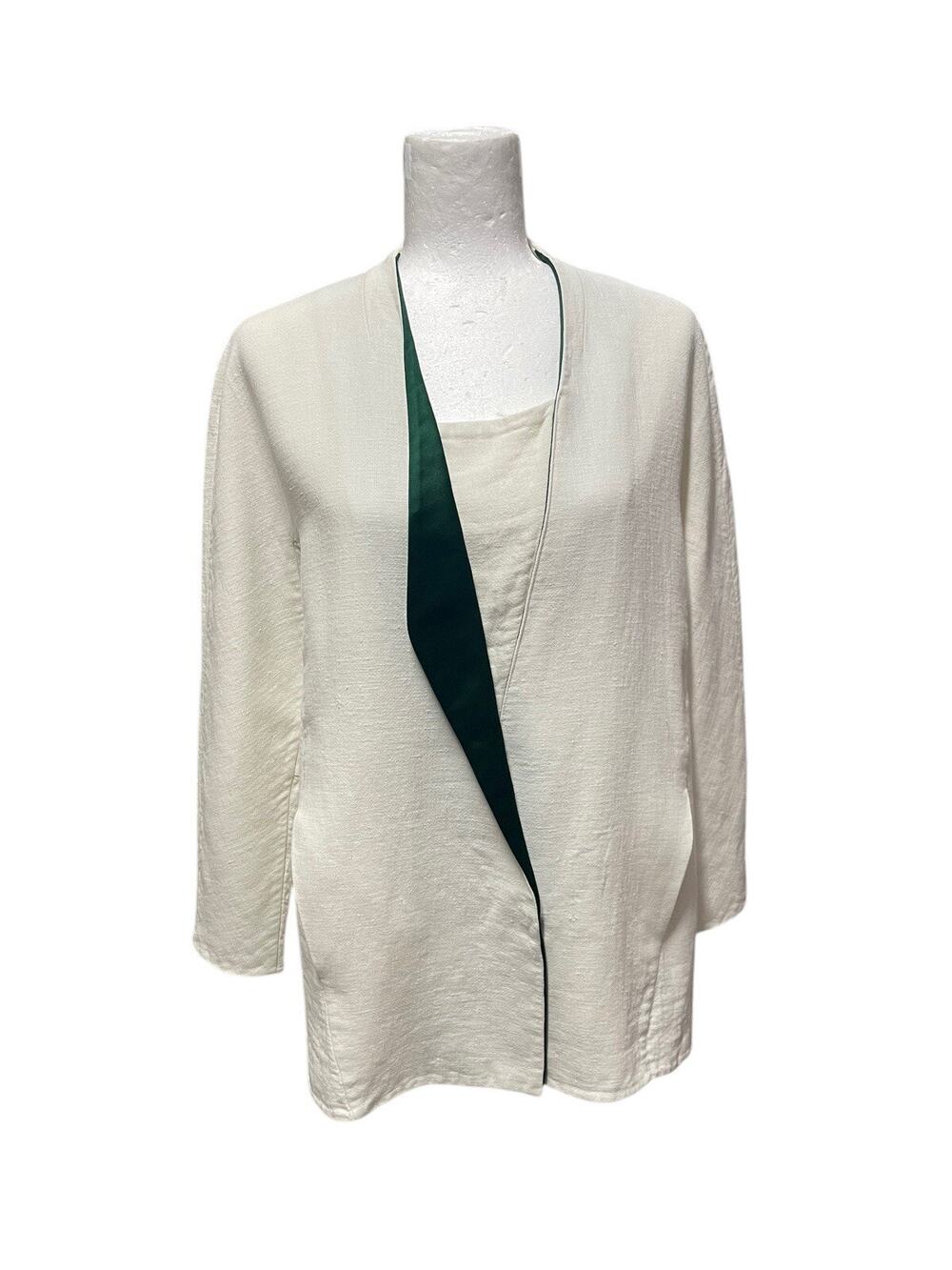 Akris Bergdorf Goodman White Linen Green Mulberry Silk Trim Blazer Jacket US 10
